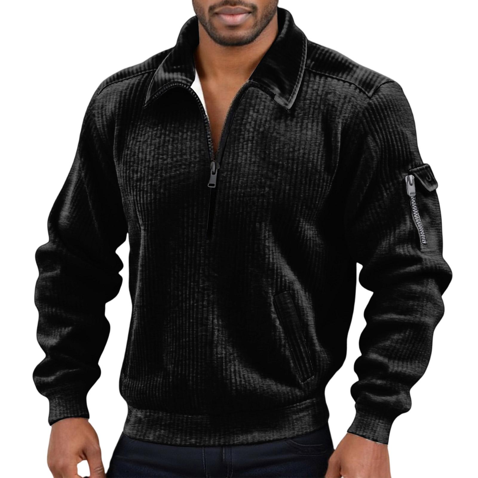 

Men s Solid Color Corduroy Zipper Neck Long Sleeve Top Men s Casual Lapel Top L чорний