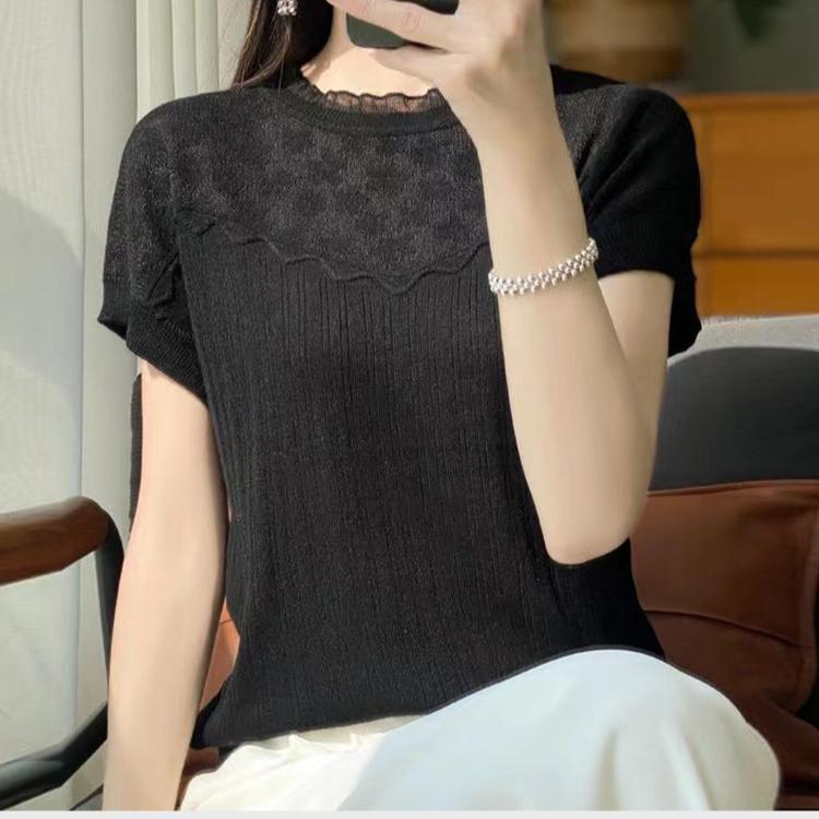 

IHUASU Женский весенне-летний трикотажный свободный кружевной топ с баской и вырезом XXL чёрный