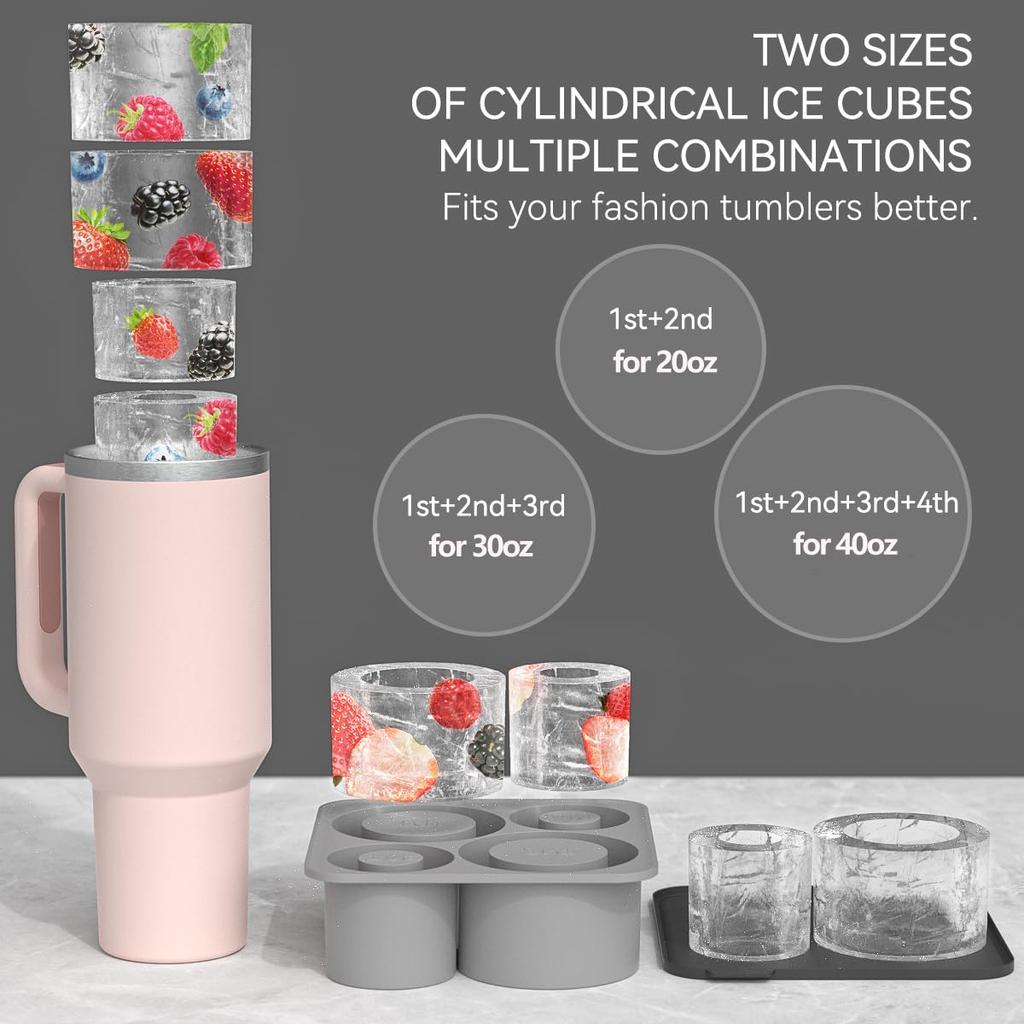 4 Grids Ice Cube Molds For 20 30 40oz Tumbler Cup Silicone Cylinder Ice Cube Trays Summer Necessary Kitchen Make Mould