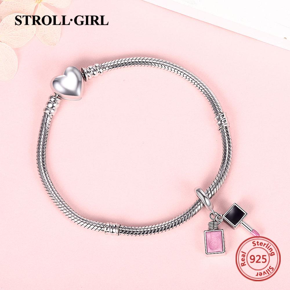 Fit Original European Bracelet 925 Sterling Silver Pink Enamel Dangle Beads Nail Polish Pendant Charms For Women Fashion Jewelry