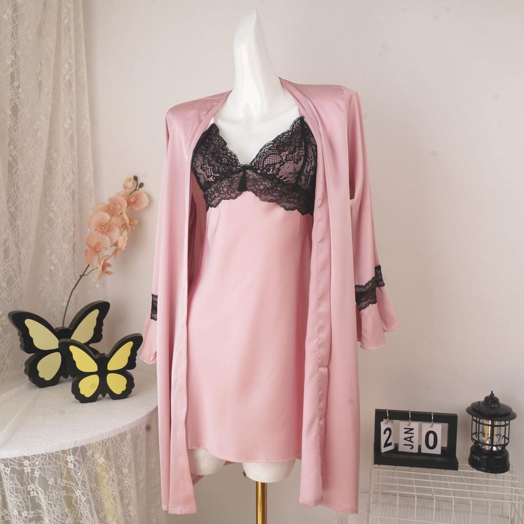 Summer new solid color lace halter pajamas women's ice silk nightgown suspender nightdress with chest pad loungewear