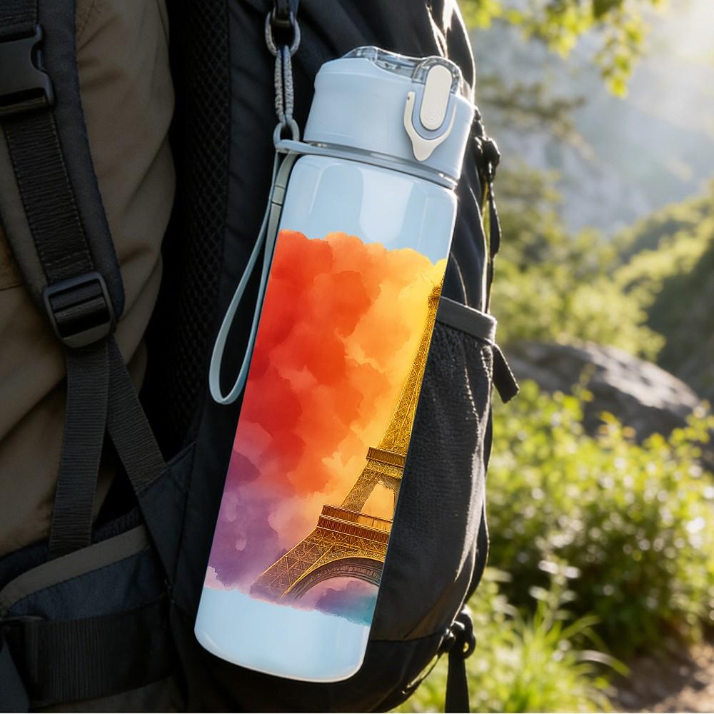 1PC Rainbow Eiffel Tower 750ml Color Plastic Sports Water Bottle Leakproof Flip Straw Lid Suitable for Sports Office Home Use