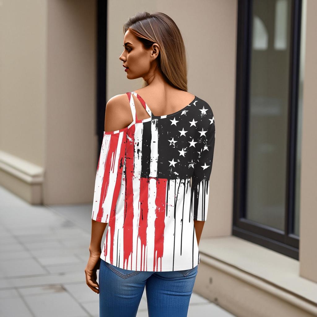 Women's Fashion Casual Independence Day Print Sexy Cold Shoulder 3/4 Sleeve T-shirt Top