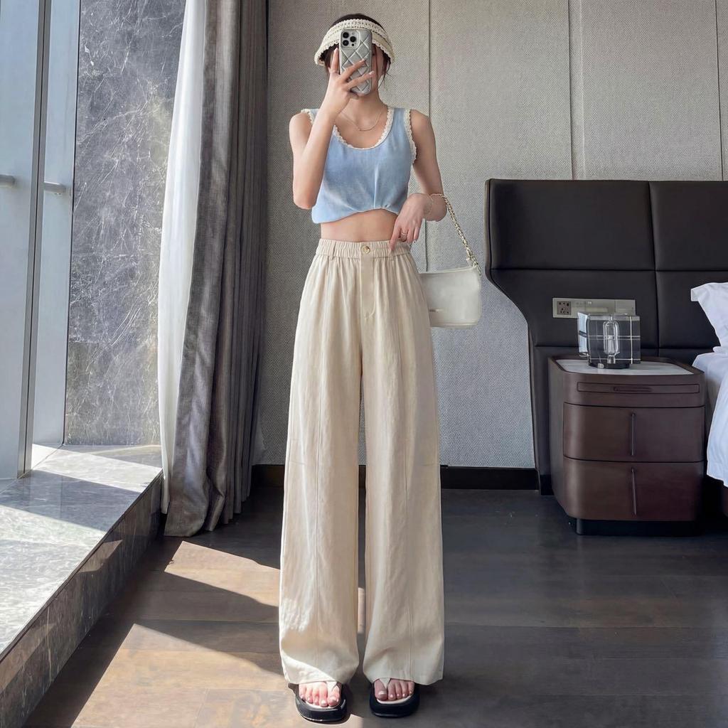 2026 Women's High-Waisted Tencel Linen Wide-Leg Pants - Loose, Floor-Length, Casual Ice Silk Design