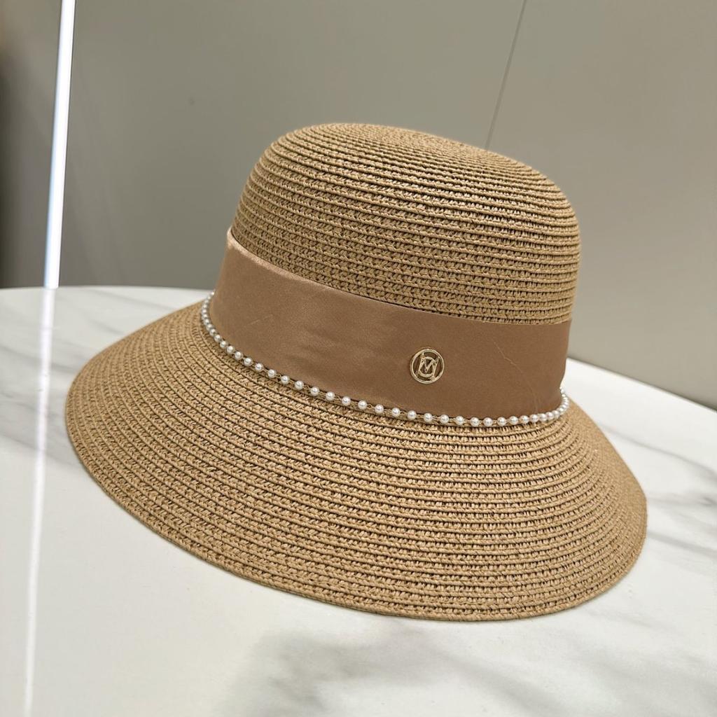 Small Fragrant Straw Hat Elegant Women'S M Standard Pearl Dome Top Hat French Light Cooked Bucket Hat Sun Protection Wide Brim Straw Hat