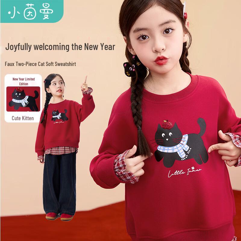 Girls  New Year Red Faux Two-Piece Cat Pullover Sweatshirt 140