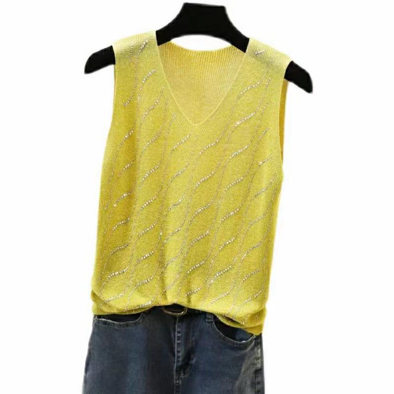 2023 Shiny Silk Sleeveless V-Neck Women's Vest - Spring/Summer New Style, Loose Fit with Hot Diamond Sling Knitted Design