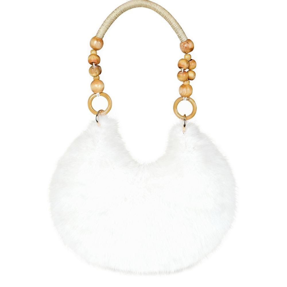 

Retro Multicolor Furry Handbag Beads-Chain Handle Soft Tote Bag Faux Fur Oval Shoulder Bag Versatile