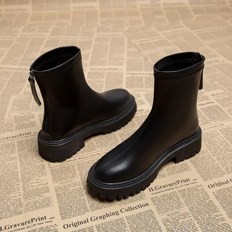 Fashion Women's Chelsea Boots Fashion Round Toe Short Booties Ladies Elegant Square Heel Shoes Winter Soft Leather Women's Footwear2024