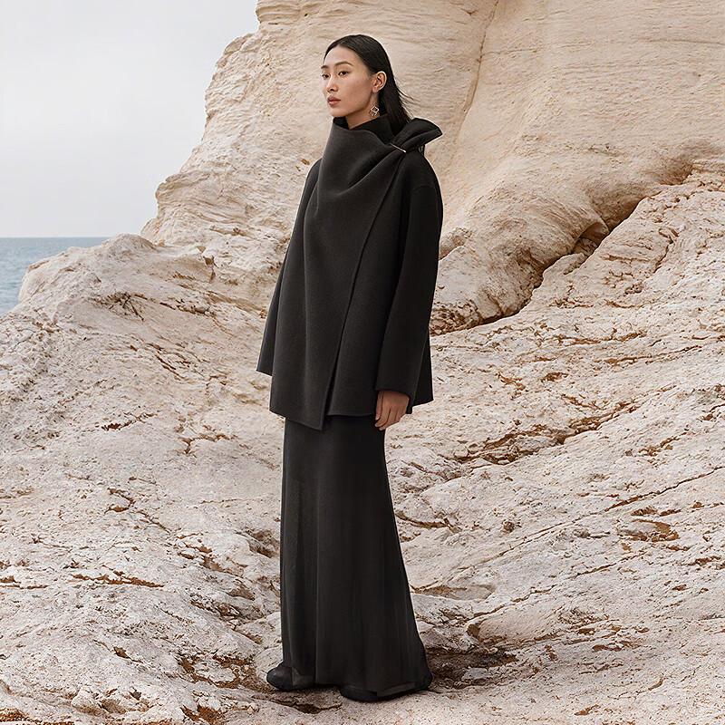 Less 2025 Winter Women's H-Line Stand Collar Long Wool Coat
