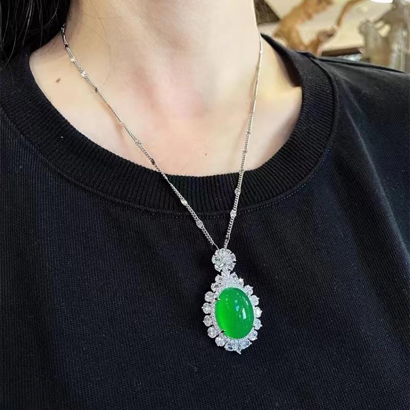 Natural Ice Through Ice Brazilian Chalcedony Agate Pigeon Egg Oval Full Diamond Pendant Femininity Necklace