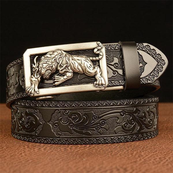 Fashion Men's Belt Leather Belt Men's Carved Floral Tiger Pattern Gold Self Buckle Belt for Jeans