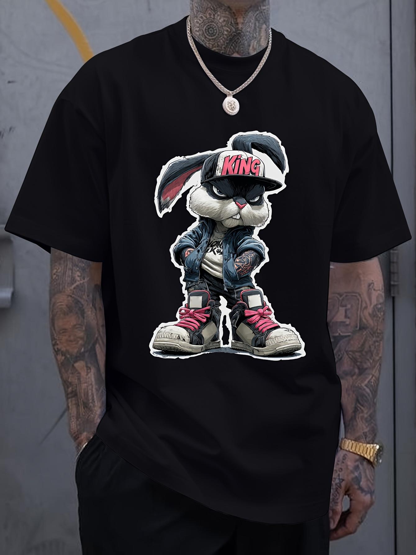 

Mens Pattern TShirt Cool Rabbit KING Printed Short Sleeve Top Black Urban Street Style Shirt Machine Washed Daily 4XL