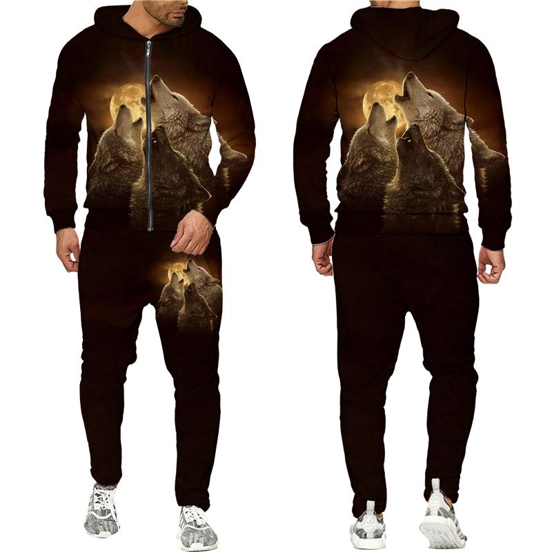 Tuta colorata con stampa 3D lupo Cool Hip Hop Streetwear Felpa con cappuccio con cerniera Tuta Uomo Donna Felpa con cappuccio casual Pantaloni da jogging
