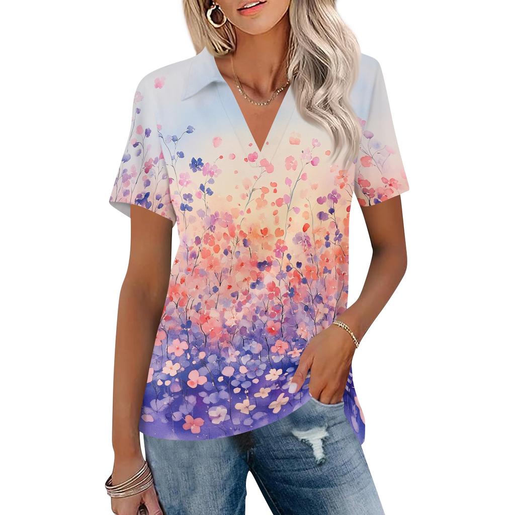 Women's Casual V Neck Short Sleeve Floral Print Polo Shirt Lightweight Summer Top with Collar for Daily Wear