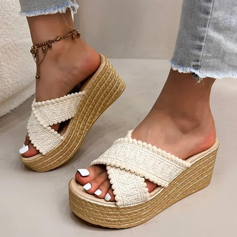 Women\'s Thick Sole Chunky Platform Slippers Cross Band Decor Wedges Sandals for Woman Summer Plus Size Comfort Non Slip Slides