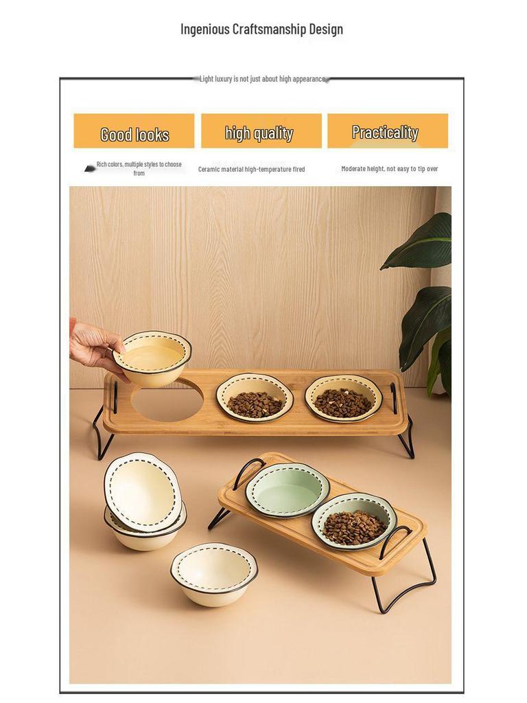 Non-Spill Raised Pet Bowl Set: Double Dog Bowl, Triple Cat Bowl, Anti-Tip Ceramic for Neck Protection