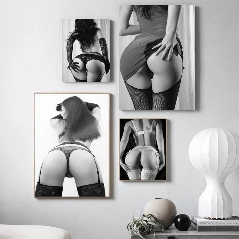 Modern Black and White Sexy Nude Woman Canvas Painting Wall Art Sexy Buttocks Posters and Prints Porch Room Wall Decor Large