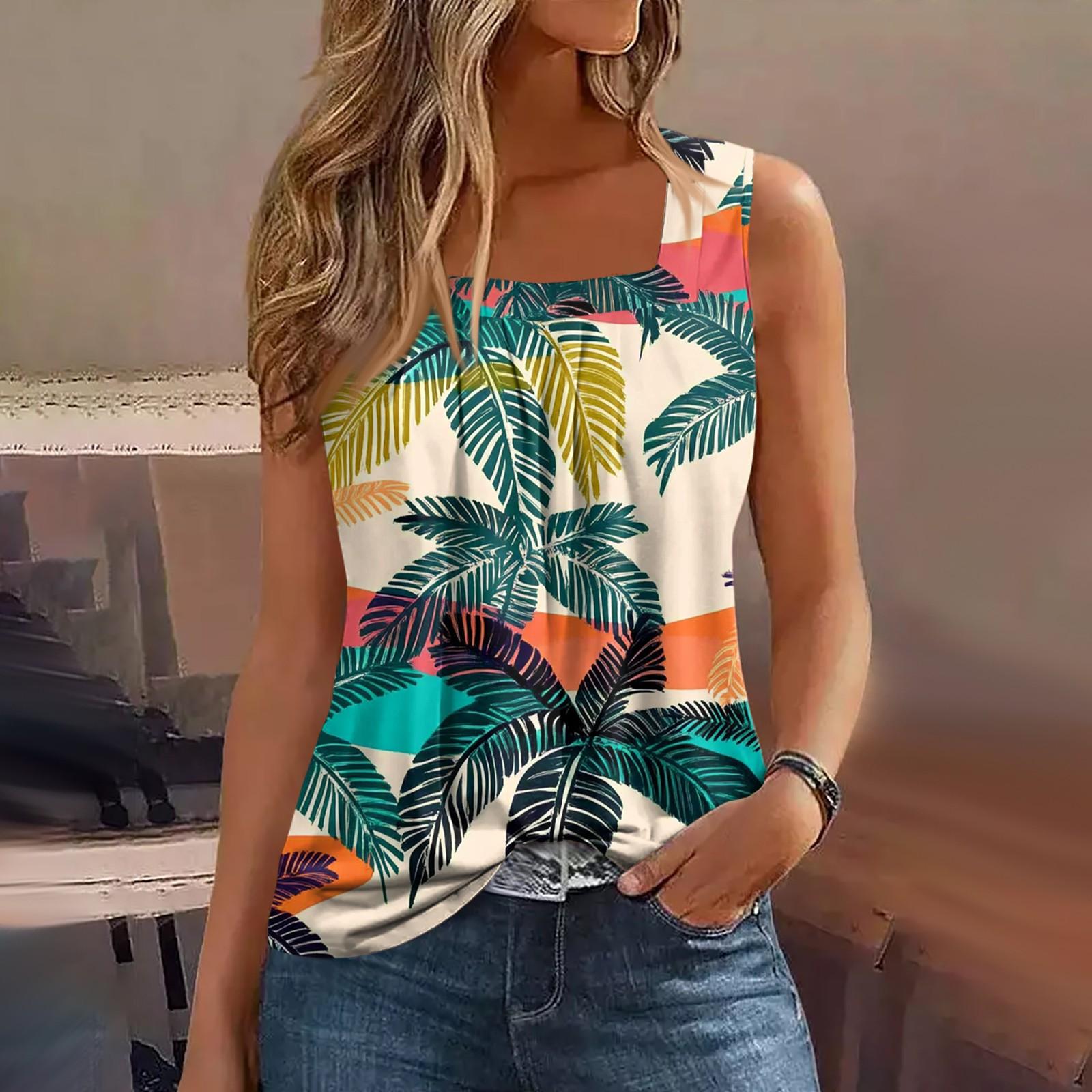 Women s Summer Casual Pleated Square Neck Sleeveless Tank Top Printed T-Shirt XL циан