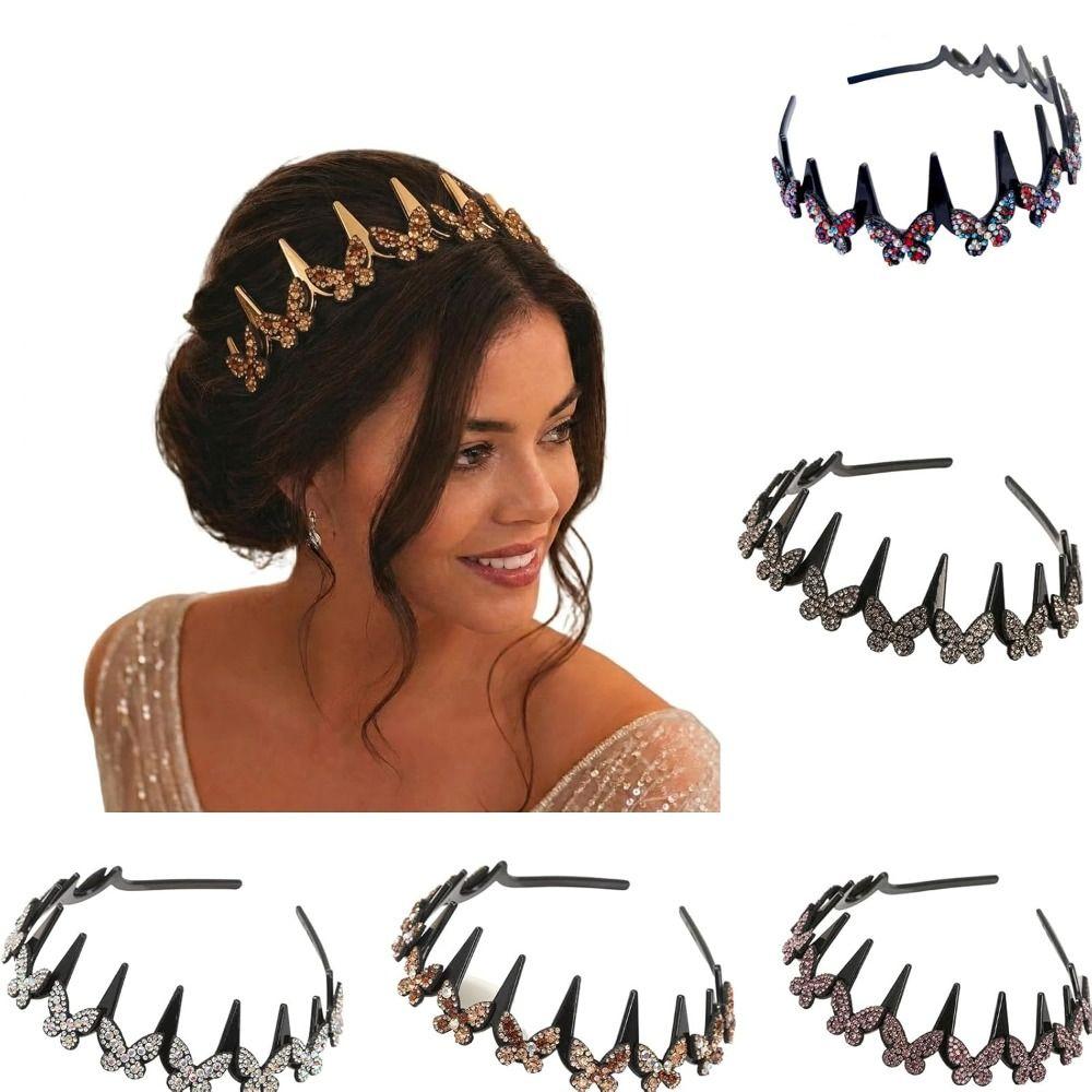 Mit rutschfesten Clips Schmetterlingsclip Stirnband Silberne wellige Stirnbänder Kristall-Stirnband für Damen