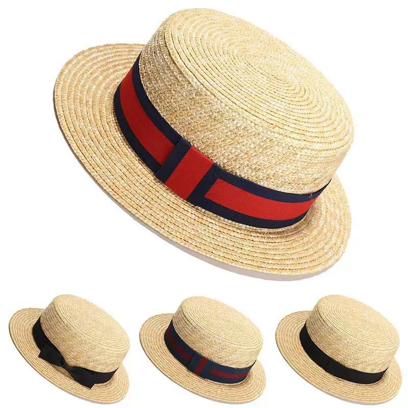 Zealous Sole Women's Black Rehoos Natural Wheat Straw Boater Fedora Top Flat Hat Summer Beach Flat Brim Cap Bowknot Ribbon For Holiday Party 55-56Cm