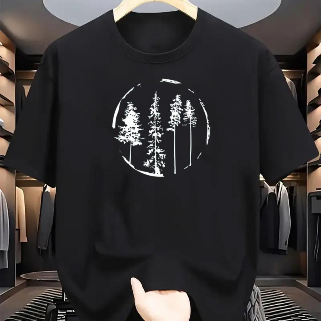 Męska Letnia 100% Bawełna Modna Casualowa Luźna Koszulka Top T-shirt ze Wzorem Drzewa Leśnego z Nadrukiem Sportowa Okrągły Dekolt Krótki Rękaw