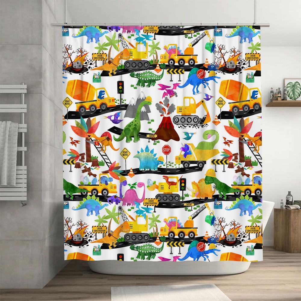 Animal Construction Shower Curtain Dinosaur Decor for Kids Bathroom Waterproof Fabric with Stop Sign Design Unique Home Accessor