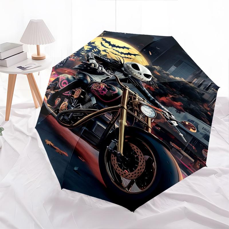 Motorcycle, Halloween Themed Automatic Opening and Closing Umbrella, Brightly Colored 8-rib Portable Umbrella, Suitable for Men and Women