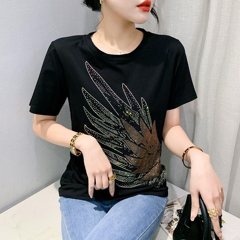 Sommer Design Flügel Diamant Kurzarm T-Shirt für Damen Baumwolle Locker Slim T-Shirt Modisches Vielseitiges Top Trendy