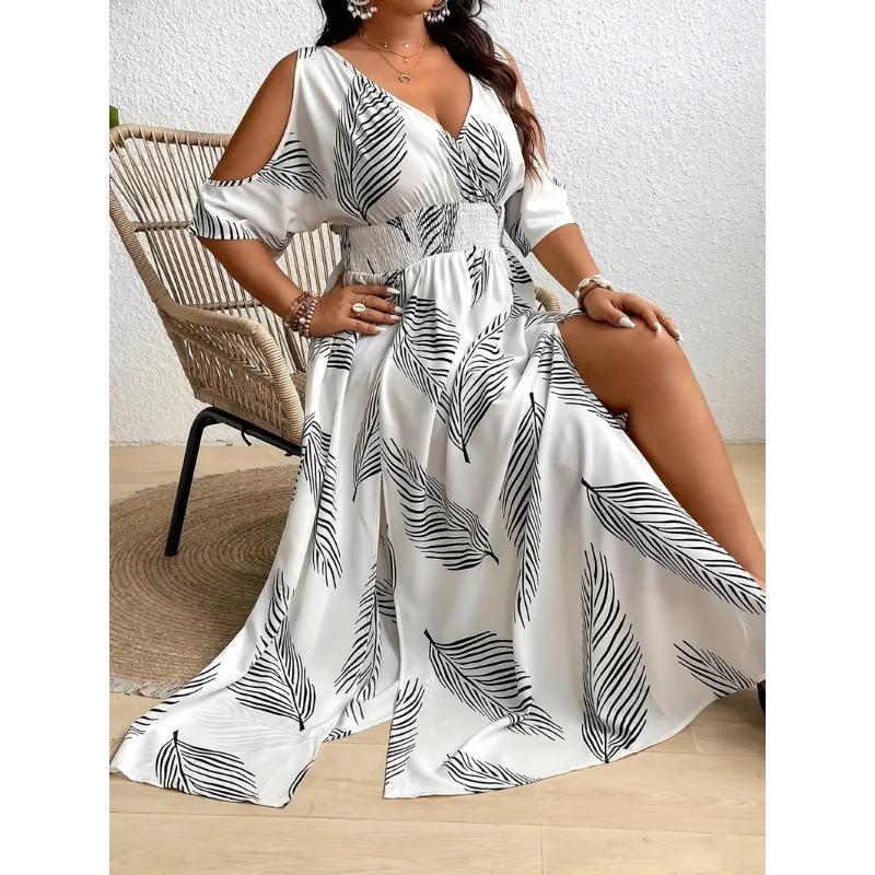 Abito da Donna alla Moda con Scollo a V Sexy con Stampa Elegante con Spacco e Spalle Scoperte