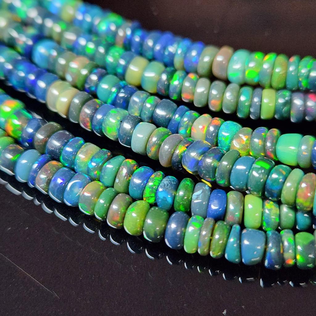 Smooth Polish Rainbow Flashy Rondell Ethiopian Opal Beads, Black Opal strand beads.