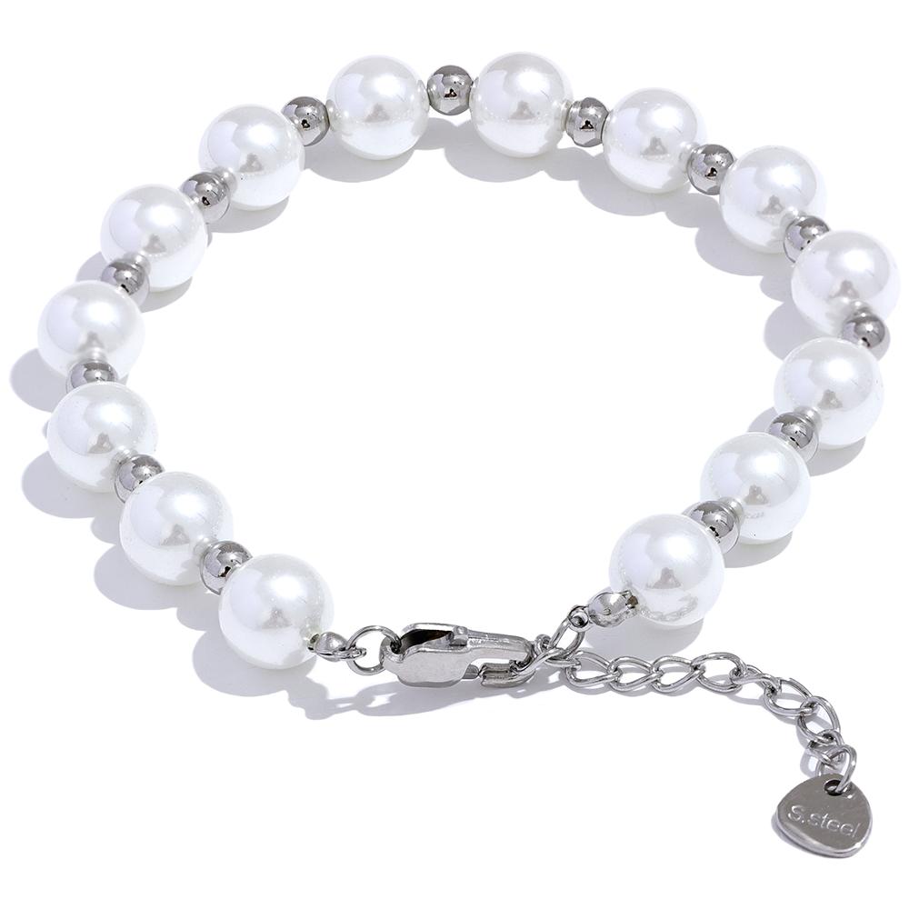 Yhpup Japan Imitation Pearls Handmade Chain Bracelet Bangle Stainless Steel Bead Elegant Stylish Korean Trend Jewelry Waterproof