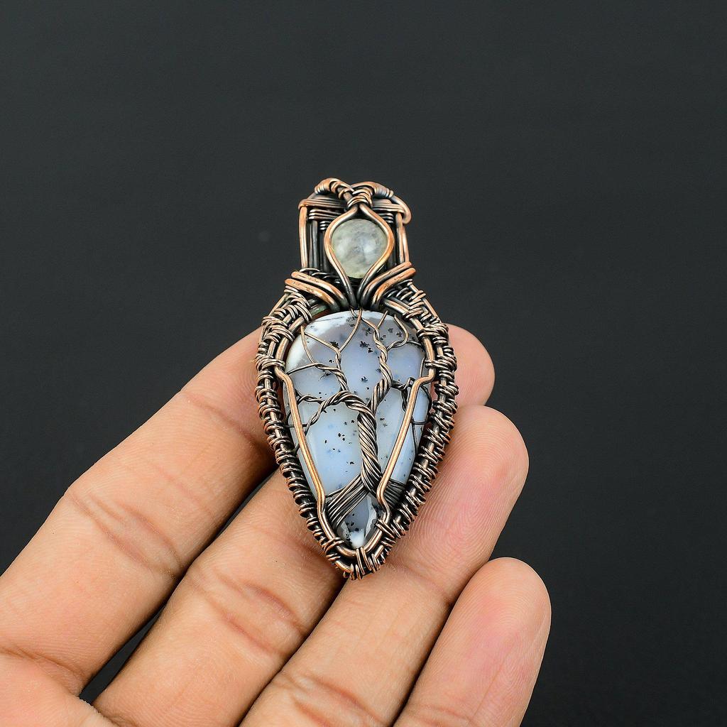 Tree Of Life Dendrite Opal & Rainbow Moonstone Gemstone Jewelry, 999 Copper Wire Wrapped Pendant, Gift For Women Handmade Pendant