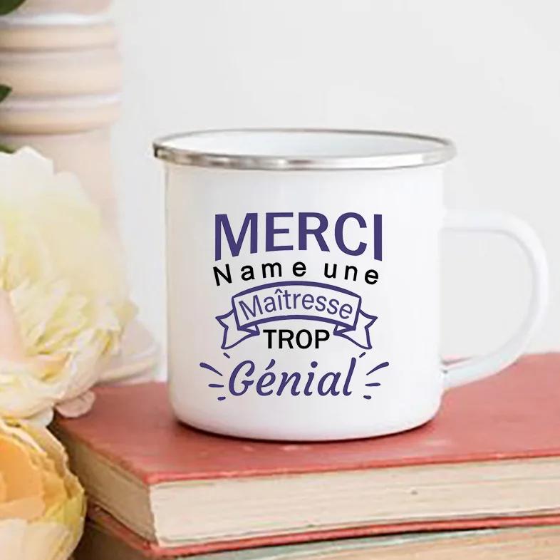 Personalised Custom Name Mug Merci Maitresse Coffee Cups Drinks Water Cup Enamel Mugs School Home Handle Drinkware Teacher Gifts