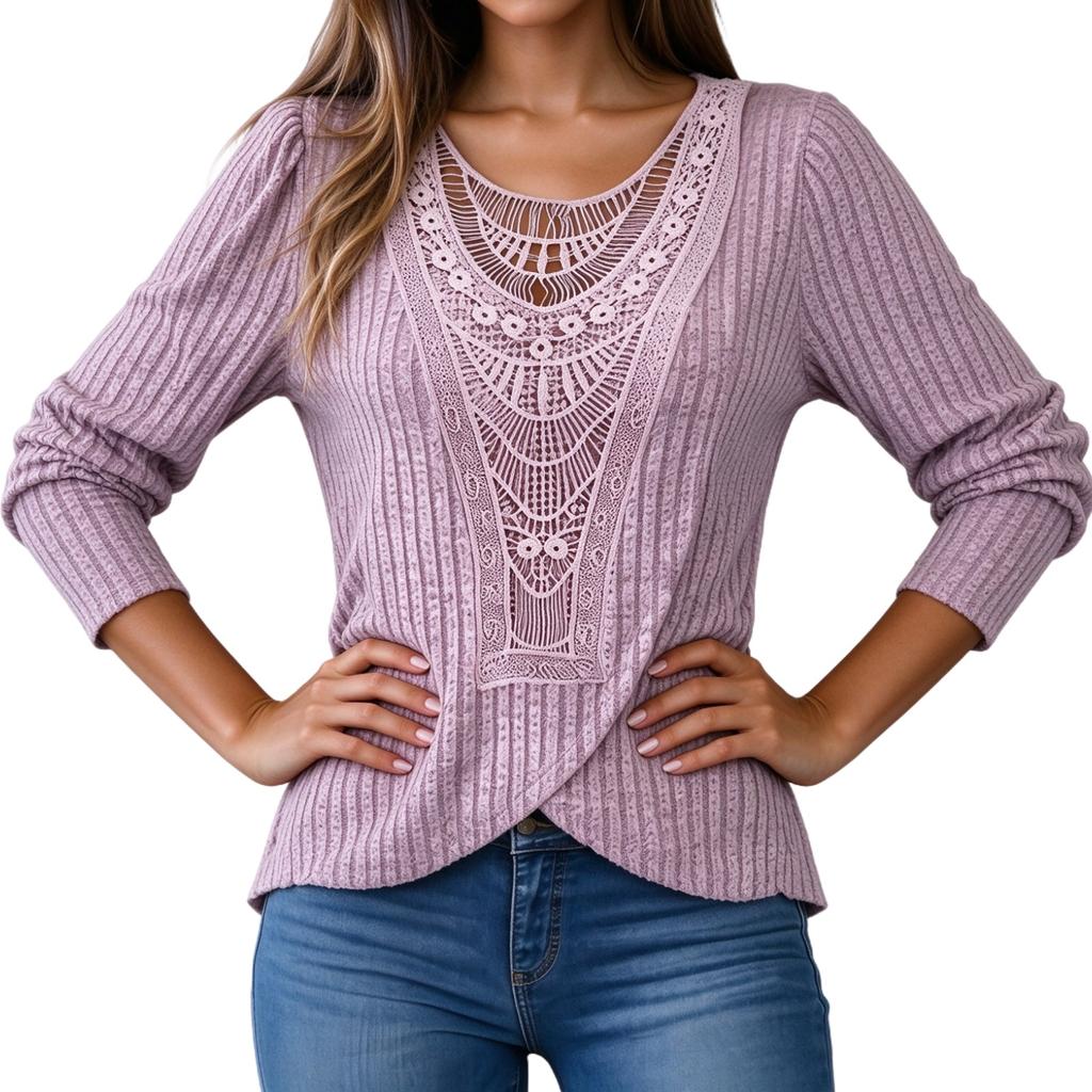 Women's Crewneck Pullover Blouse with Lace Trim and Asymmetric Hem for Casual Wear