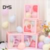 4 Pcs Balloon Box DIY Assembly Transparent Paper Box Balloon Box with Letters Reusable Stackable Cube Decorative Box for Party Wedding Birthday