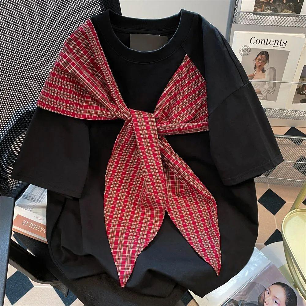 Women's Summer Plaid Bow Short Sleeve Korean Tee