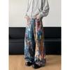 Mens Straight Fit Denim Pants With Hand-Painted Graffiti Art Mid-Rise Cotton Jeans Casual Wear