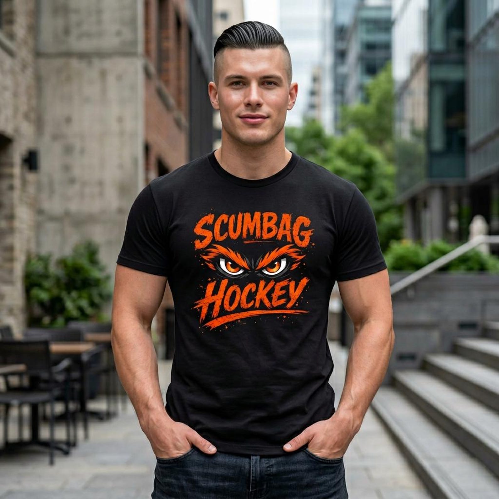 Scumbag Hockey T-Shirt; Orange Eyes Funny Tee; Bold Graphic Fan Vibes Top XL