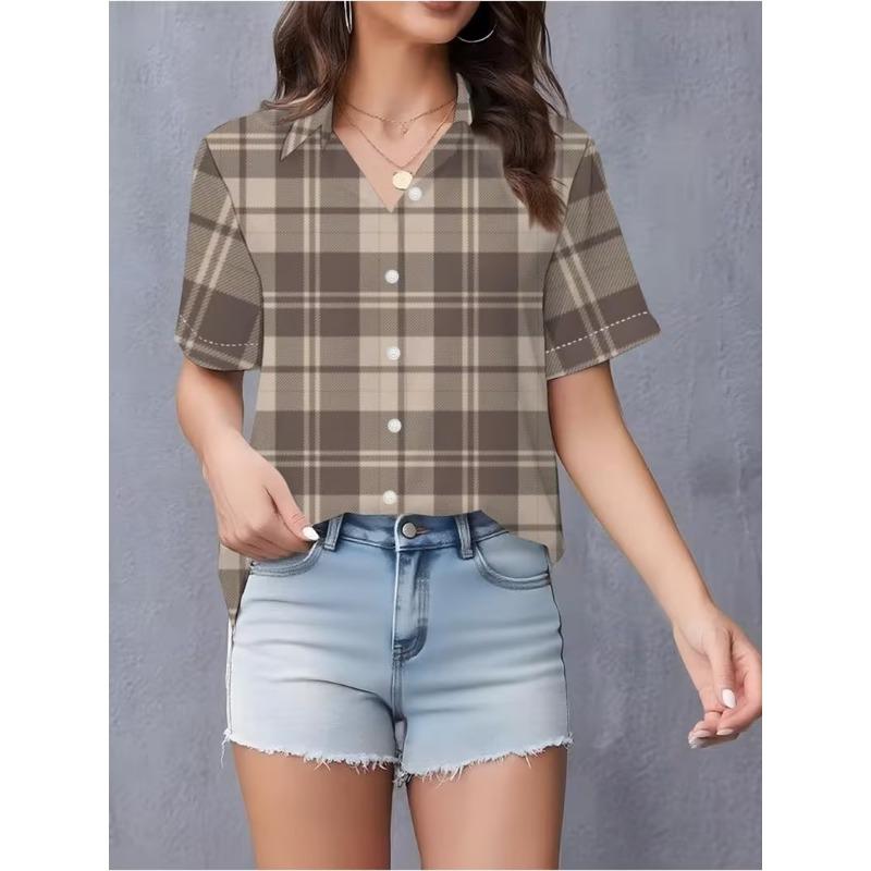 Simple and Personalized Love Print Summer Women's Plus Size Lapel Short Sleeved Shirt Fashionable Daily Versatile Casual Top