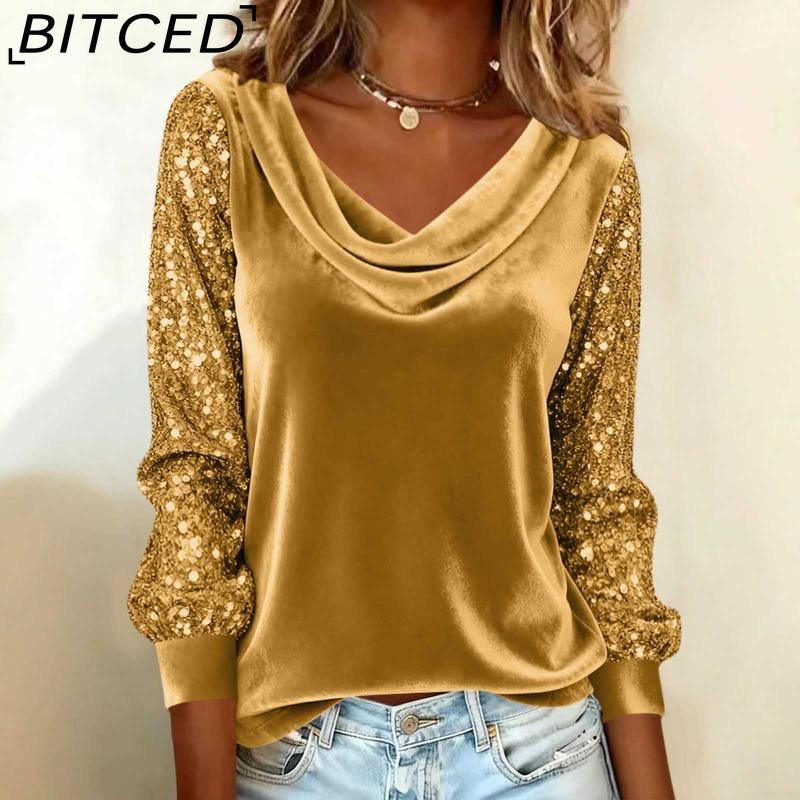 BITCED Fashion Women's Velvet Sequined Patchwork Long-Sleeved T-Shirt Top