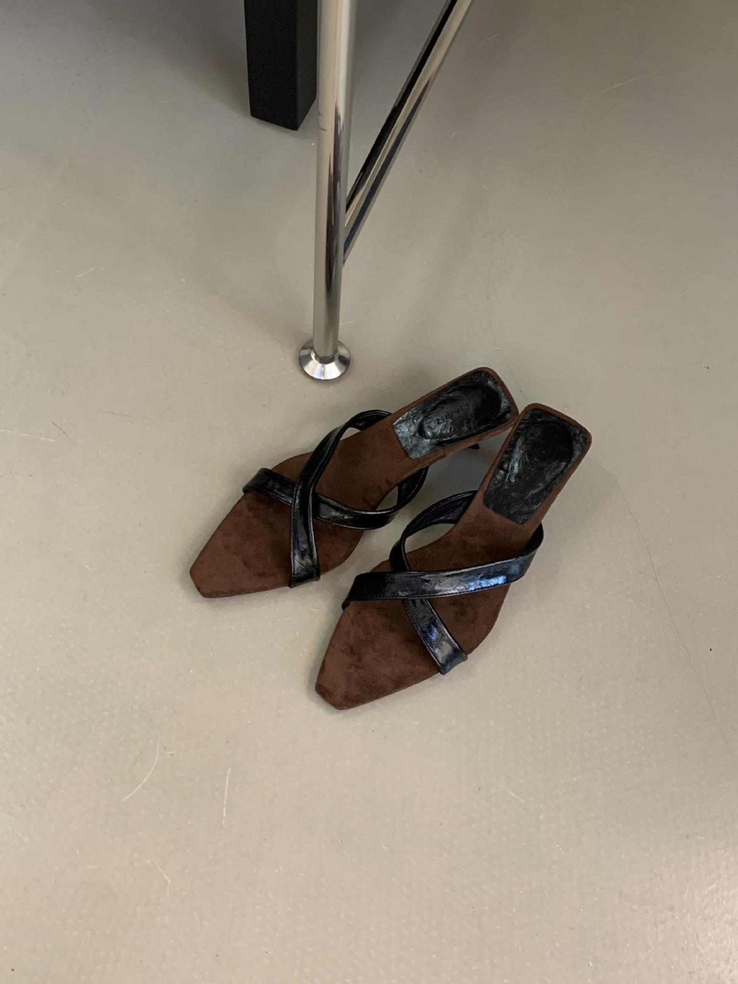 

Vintage Leopard Print Cross With Wedge Heel Sandals For Women S Summer Wear Square Head Open-Toed Suede Low-Heeled Cool Slippers 40 чорний