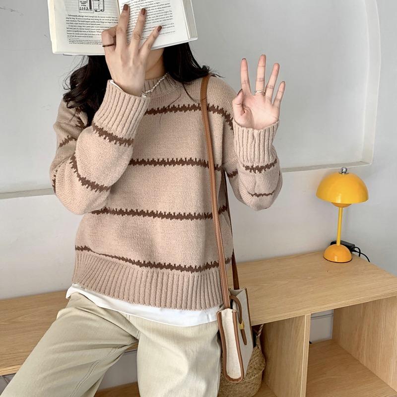 Korean Style Crew Neck Pullover Stripes Women's Sweater Autumn Winter Fashion New Casual Loose Long Sleeved Knitted Tops Office Lady Elegant Clothing