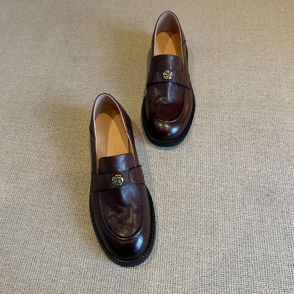 Leather Shoes for Women Spring and Autumn New One Foot Loafers for Women's Thick Heels Retro Thick Sole Round Toe Single Shoes