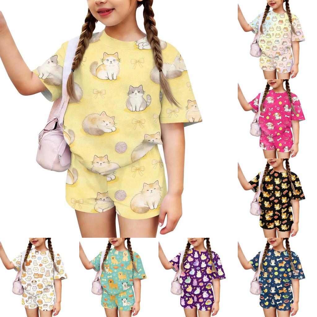 Kids Casual Two Piece Set Short Sleeve Top and Shorts Animal Pattern Lightweight Comfortable Summer Outfit for Boys and Girls