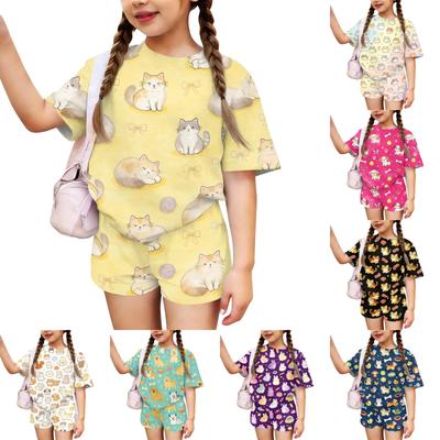 Kids Casual Two Piece Set Short Sleeve Top and Shorts Animal Pattern Lightweight Comfortable Summer Outfit for Boys and Girls