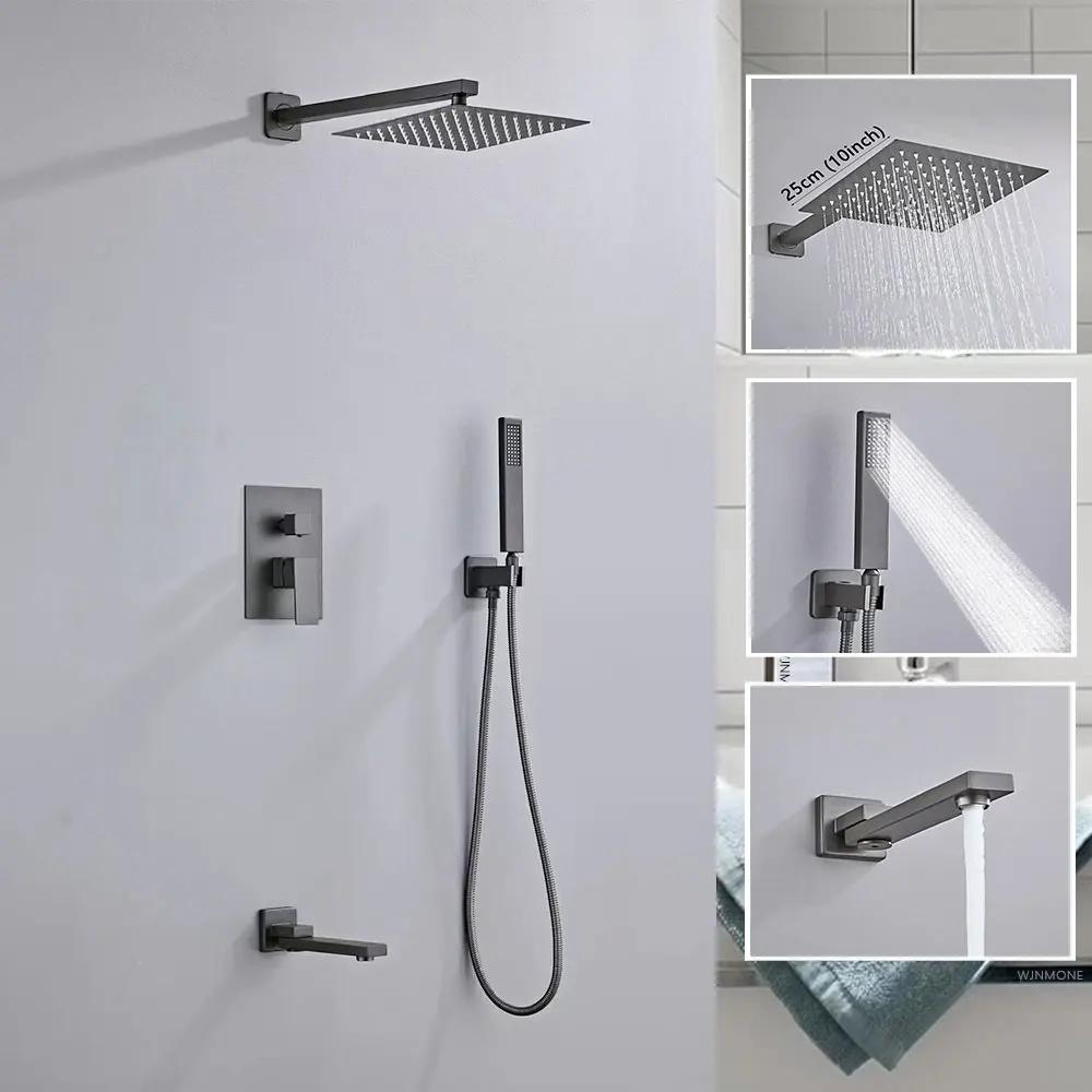 Luxury Brushed Gold/Black/Silver/Grey Hidden Bathroom Shower Faucet Set 10 Inch Shower Head Bathtub Rain Mixer Tap Shower System