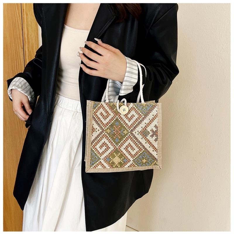 Sac en toile de style ethnique pour femme, mode été, pour emporter une boîte à lunch en lin, sac à bento, sac à main pour maman