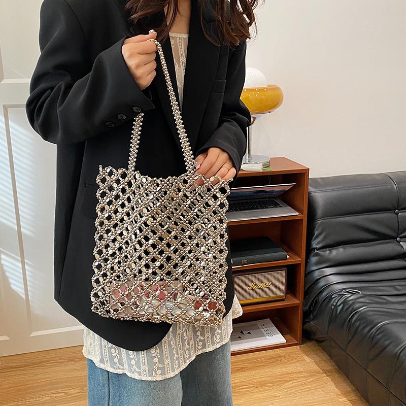 2025 New Summer Vacation Bag Boho Beach Hollow Out Shoulder Bag For Women Handmade Beading Handbag Silver Metal Top Handle Tote
