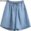 MODIQUE Women's Denim Shorts Summer Plus Size New Loose Casual Solid Color A-Line Denim Short Pant Female High Waisted Hotsweet Blue Trousers Blue